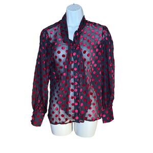 Unique Vintage Black Flocked Red Polka Dot Blouse M NWOT